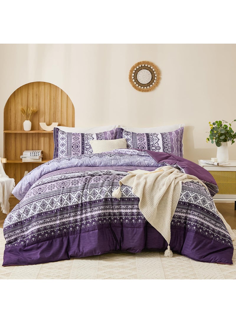 Goodidea Goodidea Boho Comforter Set Queen Size 3 Piece Purple Bohemian Striped Comforter Soft Lightweight Microfiber Bedding Set with 2 Pillow Shams for All Season (Queen  90""X90"")  - Image 1