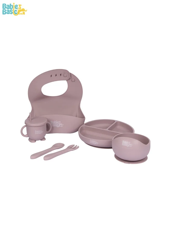 Babies Basic Feeding Set, 6 Piece, Silicone Set For Self Feeding, Learning & Fine Motor Skills Soft, Easy To Grip, Bib, Bowl, Plate, Mini Utensils, Spoon & 2 In 1 Cup - Blush