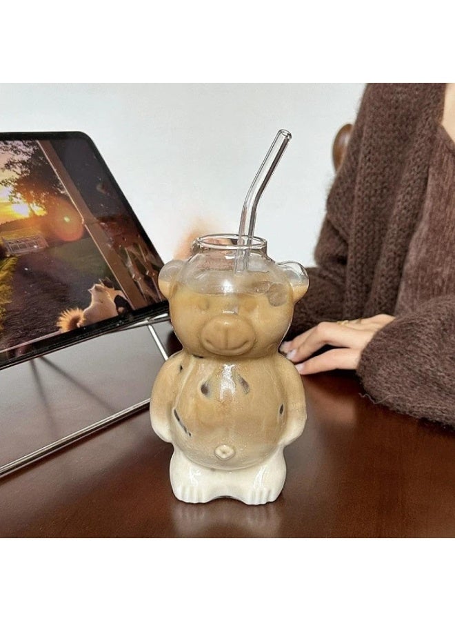 Cute Glass Cup Set with Bear & Bubble Design – Iced Coffee Glasses & Cold Drinks with Glass Straw - Image 4