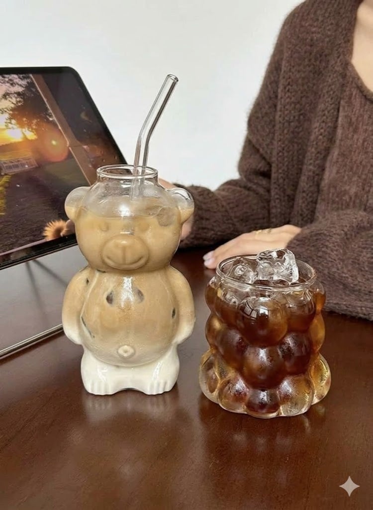 Cute Glass Cup Set with Bear & Bubble Design – Iced Coffee Glasses & Cold Drinks with Glass Straw - Image 5