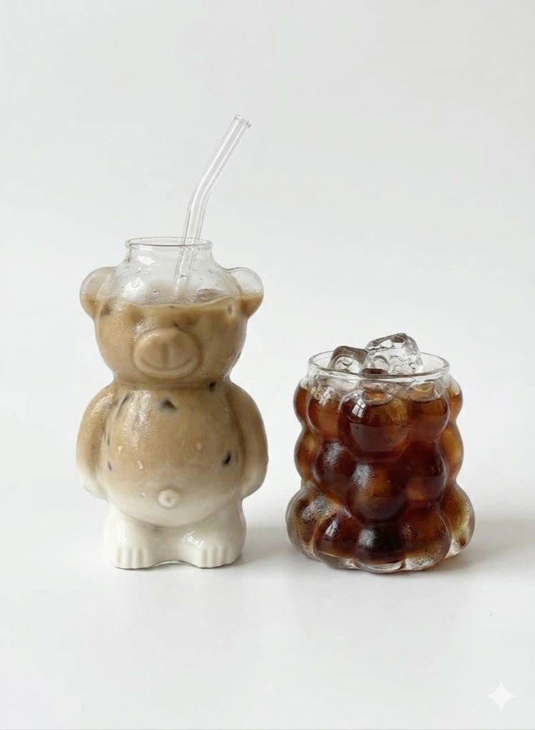 Cute Glass Cup Set with Bear & Bubble Design – Iced Coffee Glasses & Cold Drinks with Glass Straw - Image 1
