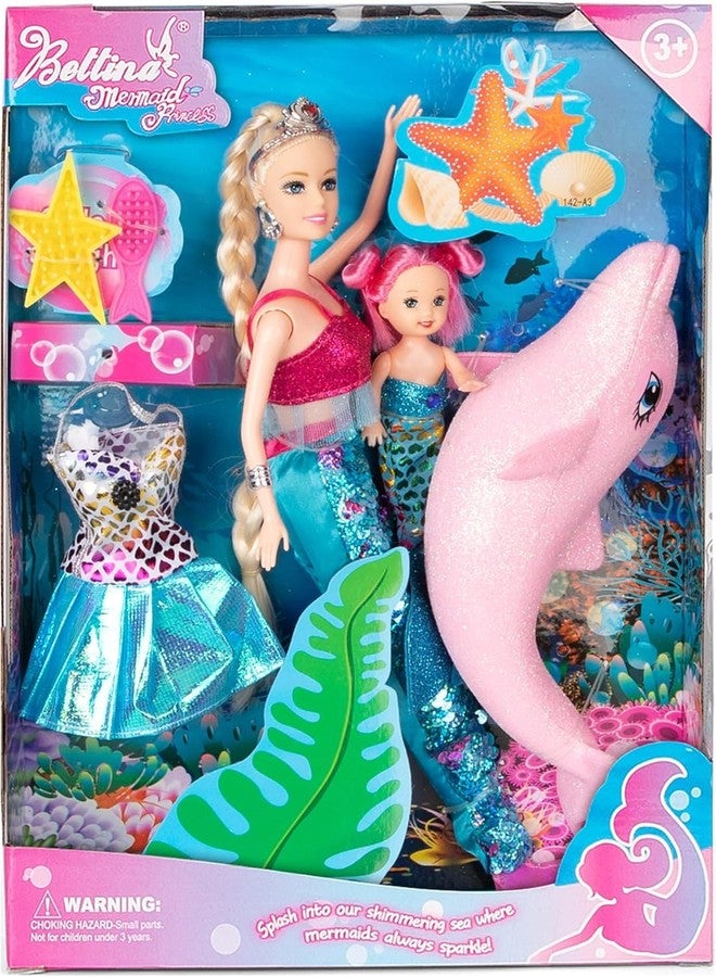 Bettina Mermaid Princess Doll Playset, Color Changing Mermaid, Dress Up Doll 12" and Dress Doll 3" and Dolphin, Color Change by by Reversing the Sequins Mermaid Toys for Little Girls and Play Gift Set Aged 3+ - Image 1