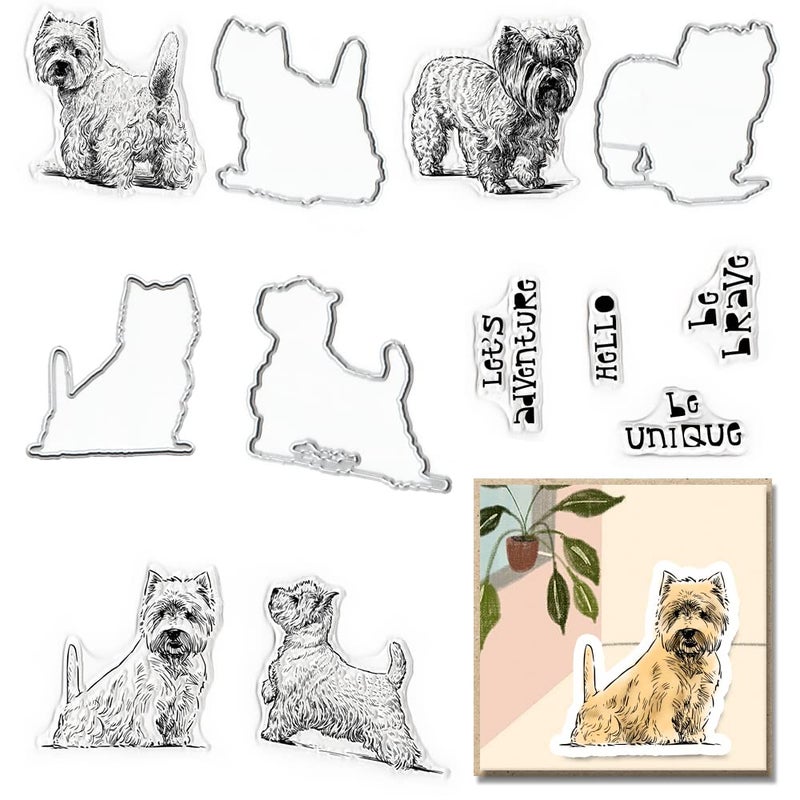 4 PCS Dogs Clear Stamps and Dies for Card Making Greeting Words Transparent Rubber Stamps Cute Dogs Die Cuts Seal for DIY Scrapbooking