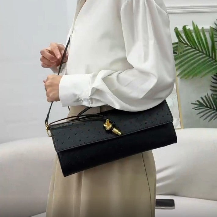 Ostrich Pattern Latch Lockbuckle Niche Horizontal Bag High-End Sense Baguette Shoulder Bag Women'S Underarm Clutch Bag - Image 5