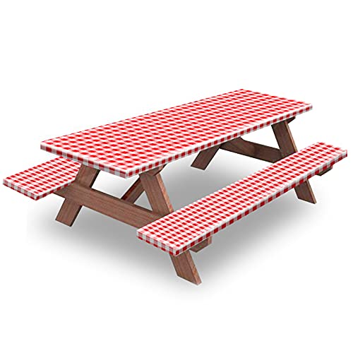 KENOBEE KENOBEE 6ft Picnic Table and Bench Cover Camping Essentials RV Gear 72in Waterproof Windproof Outdoor Elastic All Around Tablecloth Fitted Rectangle Tables and Seats RedWhite Checkered 