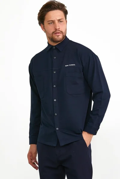 Odelon Snap Detail Slim Fit Sweatshirt Men's Navy Blue Outer Shirt