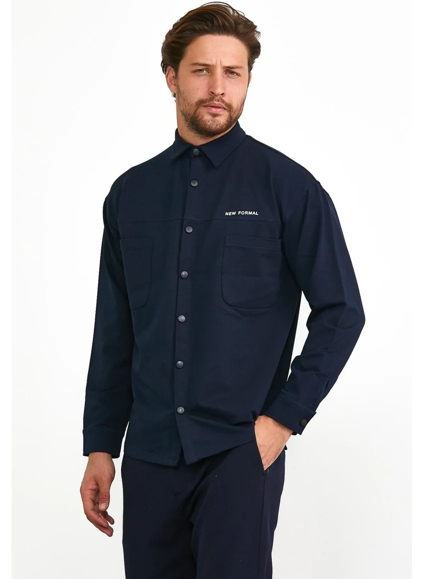 Odelon Snap Detail Slim Fit Sweatshirt Men's Navy Blue Outer Shirt