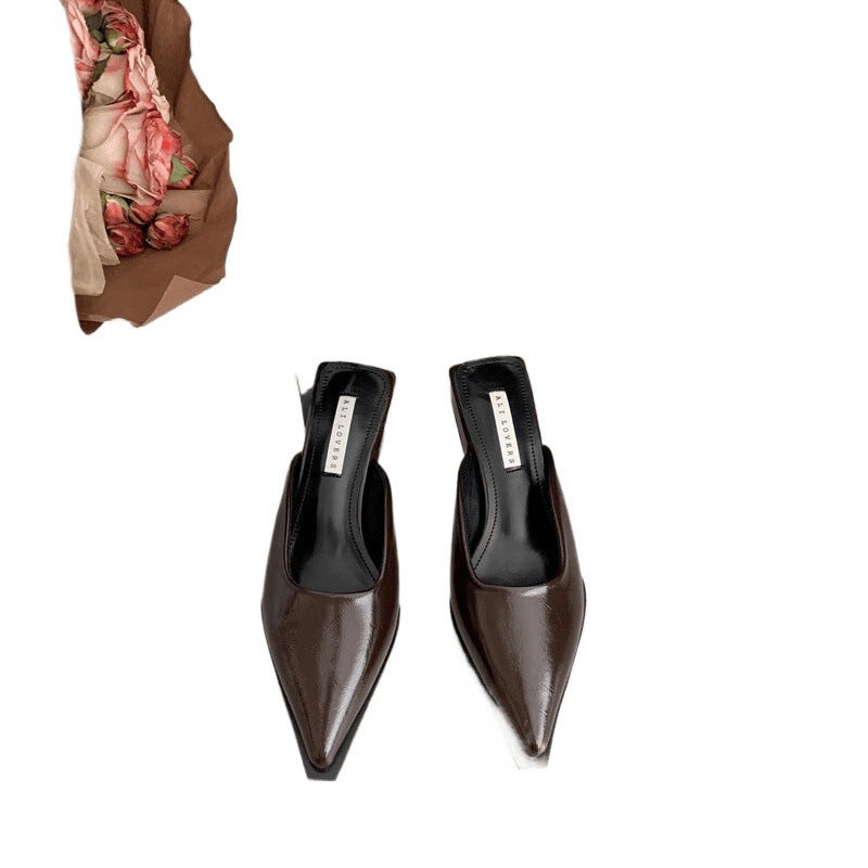 Patent Leather Toe-Toe Thick Heel Medium Heel Pointed Toe Half Slippers Summer Outer Wear High Heels Mule Sandals Women'S Shoes Thick Sole Medium Heel - Image 4