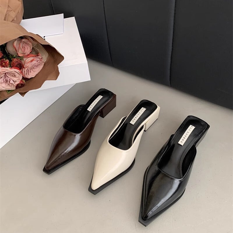 Patent Leather Toe-Toe Thick Heel Medium Heel Pointed Toe Half Slippers Summer Outer Wear High Heels Mule Sandals Women'S Shoes Thick Sole Medium Heel - Image 2