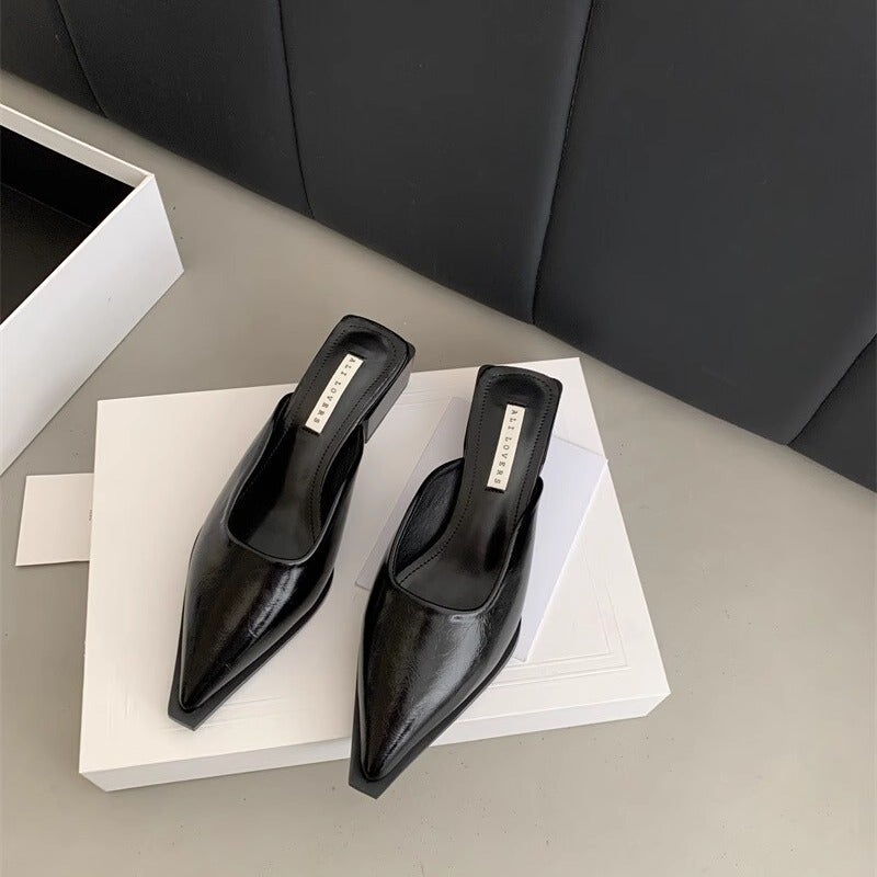 Patent Leather Toe-Toe Thick Heel Medium Heel Pointed Toe Half Slippers Summer Outer Wear High Heels Mule Sandals Women'S Shoes Thick Sole Medium Heel - Image 3