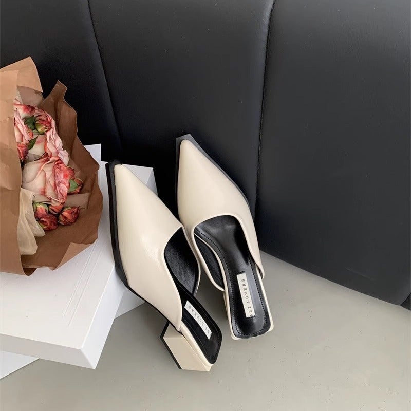 Patent Leather Toe-Toe Thick Heel Medium Heel Pointed Toe Half Slippers Summer Outer Wear High Heels Mule Sandals Women'S Shoes Thick Sole Medium Heel - Image 1