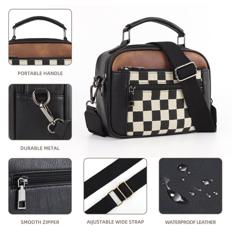 Selling Canvas Checkerboard Double Zipper Handle Fashion Crossbody Shoulder Pu Square Bag - Image 4