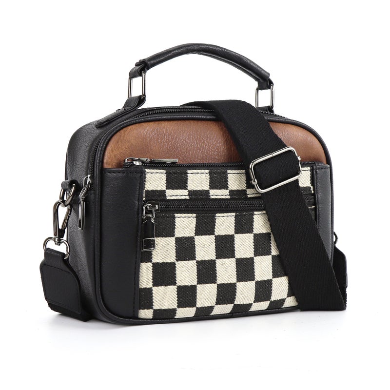 Selling Canvas Checkerboard Double Zipper Handle Fashion Crossbody Shoulder Pu Square Bag - Image 1