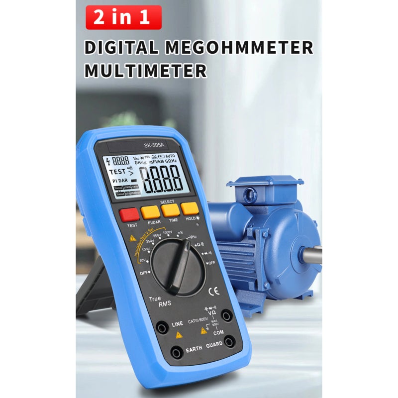 SK-505A Megohmmeter Insulation Tester & Digital Multimeter 2in1 Portable Auto Measure AC/DC Voltage Capacitance Diode and On/Off Measurements Large Screen Data Hold Powered By Built-in Battery SK-505A - Image 3