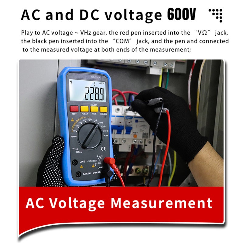 SK-505A Megohmmeter Insulation Tester & Digital Multimeter 2in1 Portable Auto Measure AC/DC Voltage Capacitance Diode and On/Off Measurements Large Screen Data Hold Powered By Built-in Battery SK-505A - Image 5
