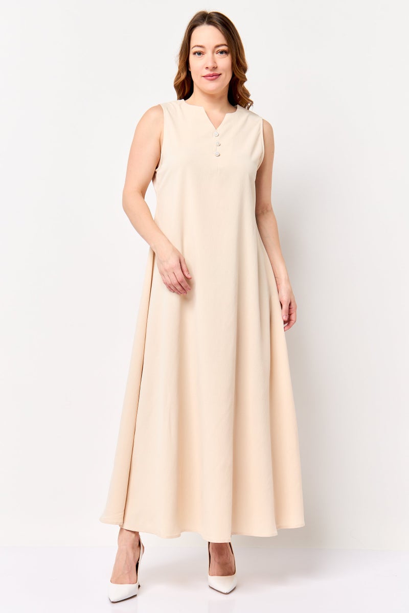 bebe Women Plain Maxi Dress, Beige - Image 1