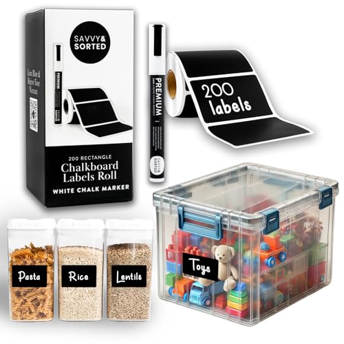 SAVVY & SORTED 200 Chalkboard Labels for Storage Bins, Removable Black Stickers with Chalk Marker, Pantry Containers and Storage Bin Organization - Image 1