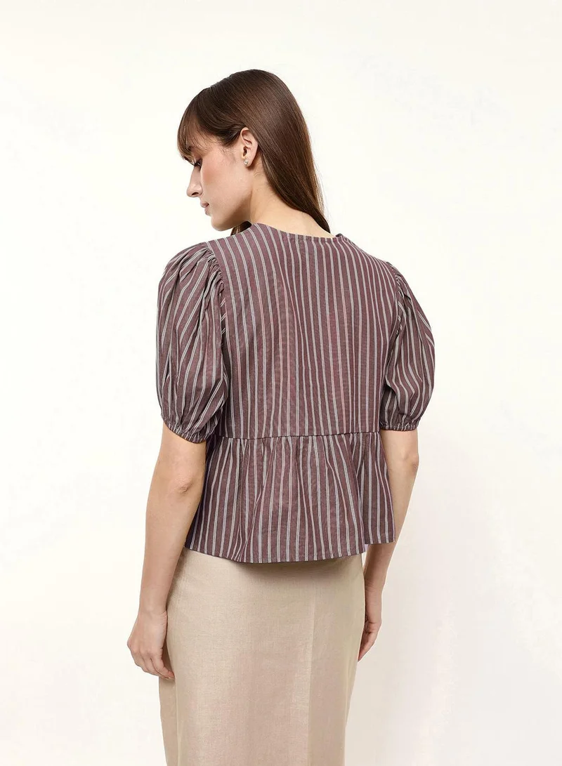 Dennis Lingo  Brown 100% Cotton Striped Blouse Boxy Tops For Women for Women | Best Price UAE