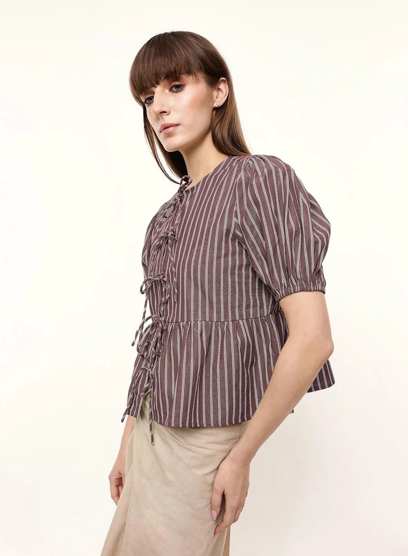 Dennis Lingo  Brown 100% Cotton Striped Blouse Boxy Tops For Women for Women | Best Price UAE