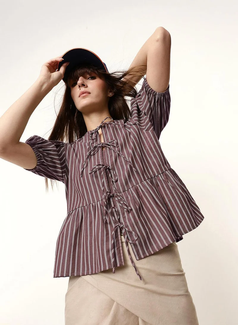 Dennis Lingo  Brown 100% Cotton Striped Blouse Boxy Tops For Women for Women | Best Price UAE