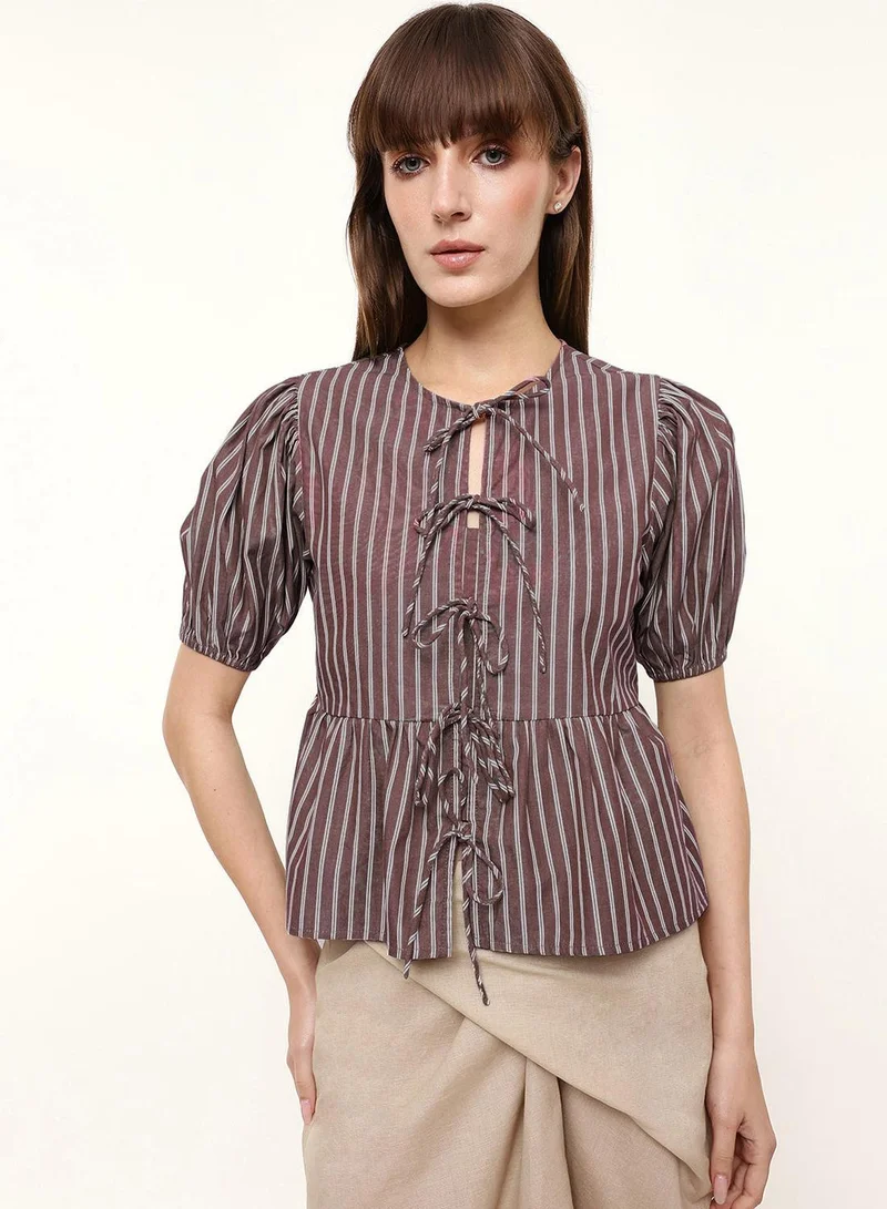 Brown 100% Cotton Striped Blouse Boxy Tops For Women