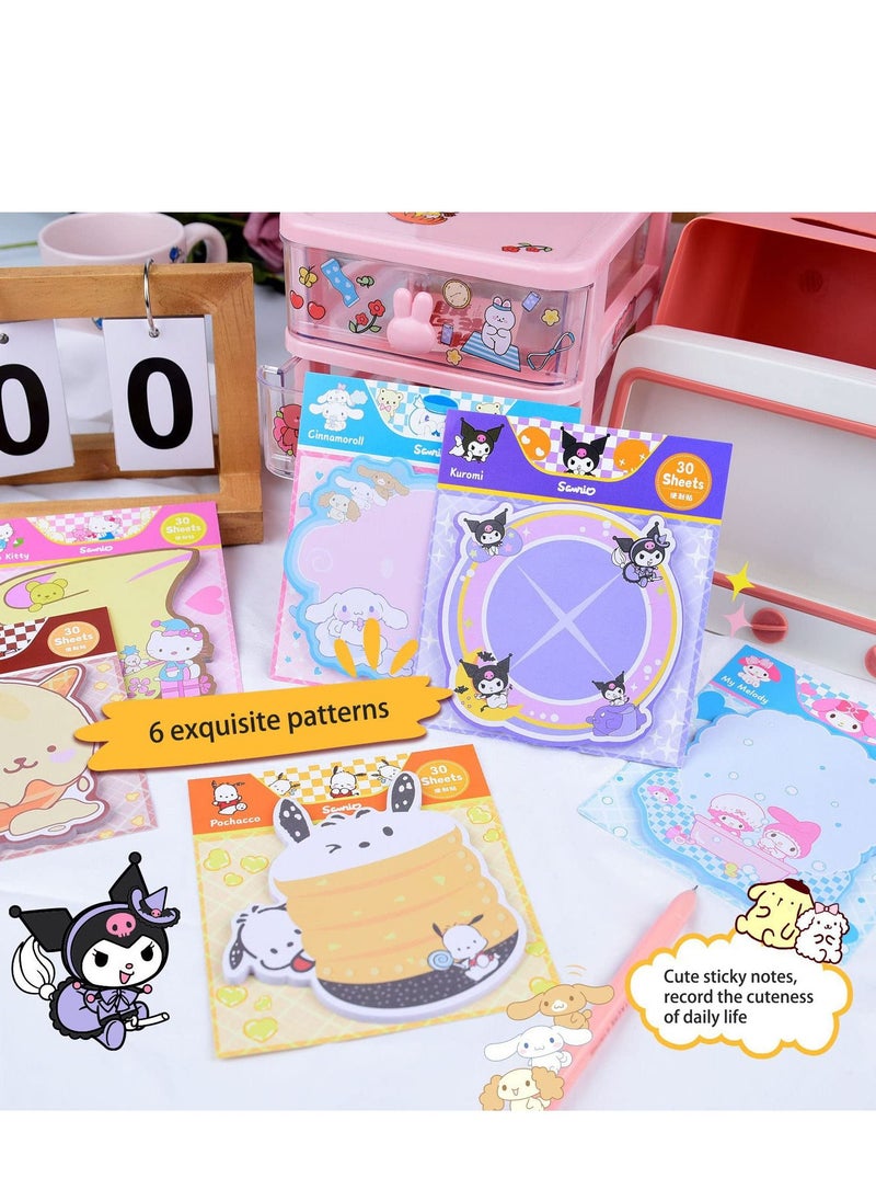 Excefore - 6 Pack Cute Sticky Notes Kawaii Sticky Notes Cute Stationary Cartoon Series Self-Stick Note Pads Fun Office Supplies Sticky Note Set for Office, School and Home(180 Sheets) - Image 1