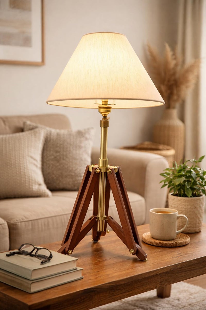 tu casa Vintage Tripod Table Lamp with Off- White Cotton Fabric Shade & Brown Mango Wood Base | Classic Decorative Bedside Lamp for Bedroom, Living Room, Study Table & Home Décor - Image 1