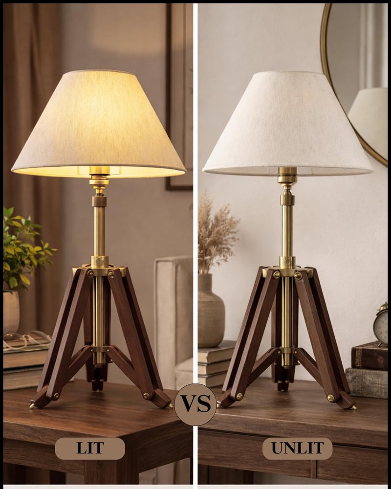 tu casa Vintage Tripod Table Lamp with Off- White Cotton Fabric Shade & Brown Mango Wood Base | Classic Decorative Bedside Lamp for Bedroom, Living Room, Study Table & Home Décor - Image 3