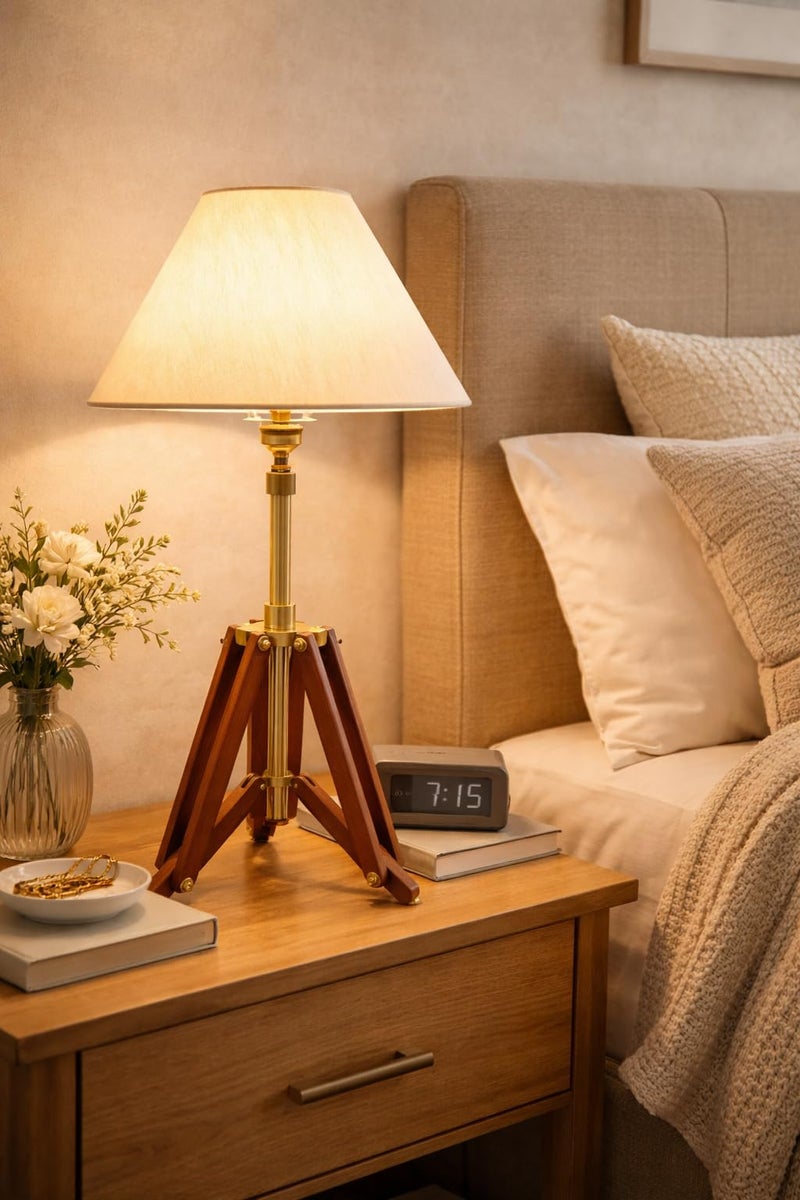 tu casa Vintage Tripod Table Lamp with Off- White Cotton Fabric Shade & Brown Mango Wood Base | Classic Decorative Bedside Lamp for Bedroom, Living Room, Study Table & Home Décor - Image 2