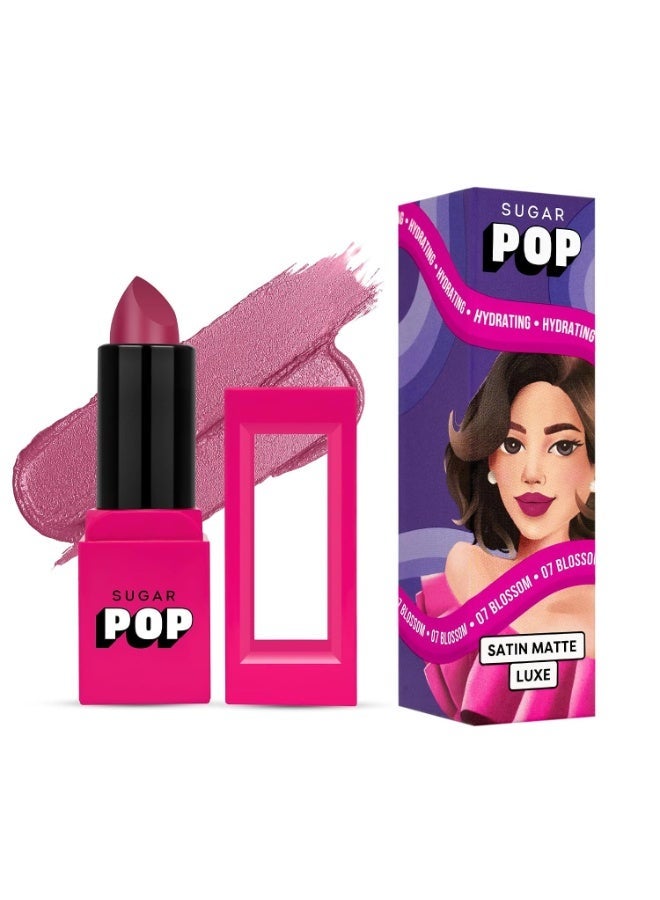 سكر بوب أحمر الشفاه SUGAR POP Satin Matte Luxe | يحتوي على زيت الخروع وفيتامين E وحمض الهيالورونيك | تغطية كاملة - درجة 07 Blossom - Image 1