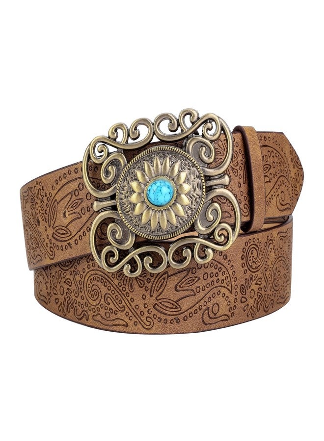 Ayliss Women Western PU Leather Belt Vintage Country Belts Concho With Turquoise Buckle Cowgirl Jeans Dresses Floral Engraved (for 27-36'' waist) - Image 1