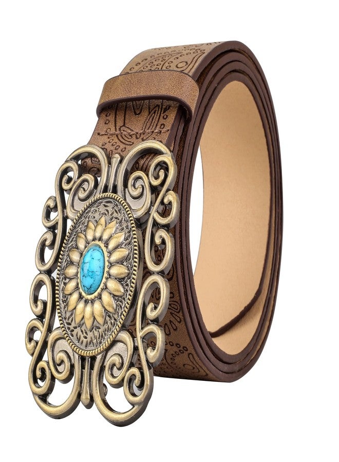 Ayliss Women Western PU Leather Belt Vintage Country Belts Concho With Turquoise Buckle Cowgirl Jeans Dresses Floral Engraved (for 27-36'' waist) - Image 5