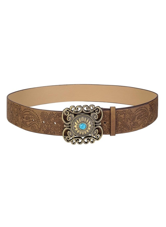 Ayliss Women Western PU Leather Belt Vintage Country Belts Concho With Turquoise Buckle Cowgirl Jeans Dresses Floral Engraved (for 27-36'' waist) - Image 4