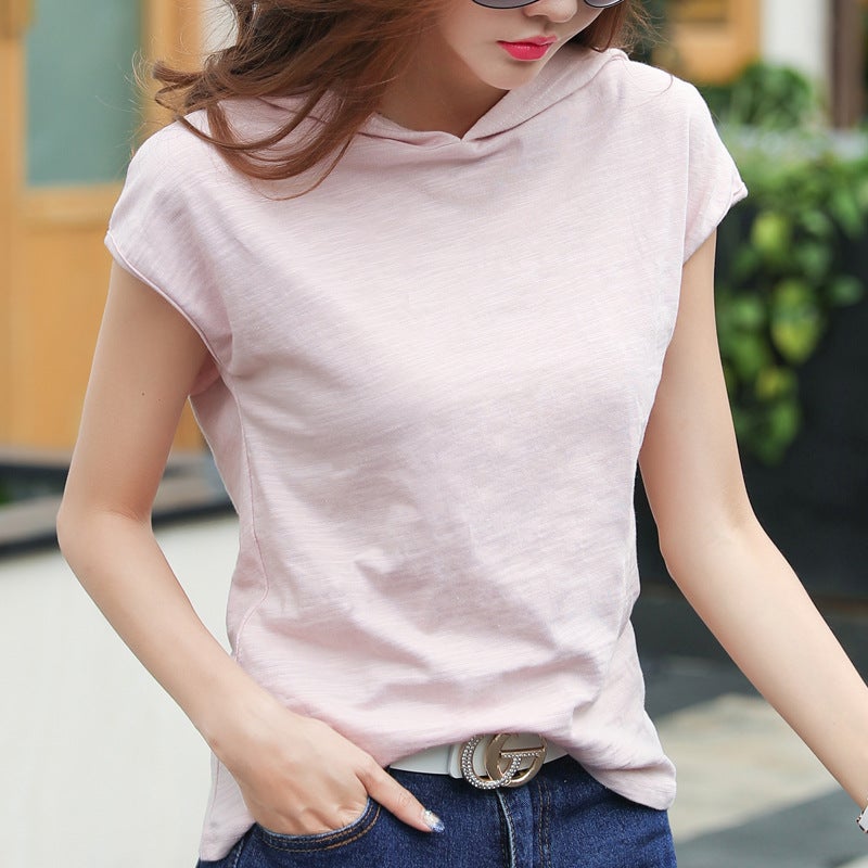 2025 Summer Short-sleeved Hooded Loose Slub Cotton T-shirt Womens New Arrival Half-sleeved Cotton Korean-style Base Shirt Top Lotus root pink 