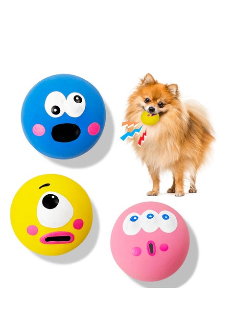 Latex Squeaky Dog Toy Set - Soft Puppy Chew Balls with Funny Faces, Ideal for Interactive Play, Fetch, and Chewing for Medium Dogs (3 Pack)