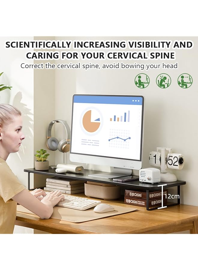 erorex Monitor Stand Riser Wood Monitor Riser With Keyboard Organizer For Laptop Computer Tv Screen Pc Printer Sturdy Desktop Rack For Home Office Dorm Book Ornaments Study Supply Black 80Cm Length - Image 2