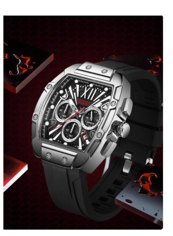 Men's Wine Barrel Shaped Large Dial Mechanical Movement Waterproof Black Technology Watch