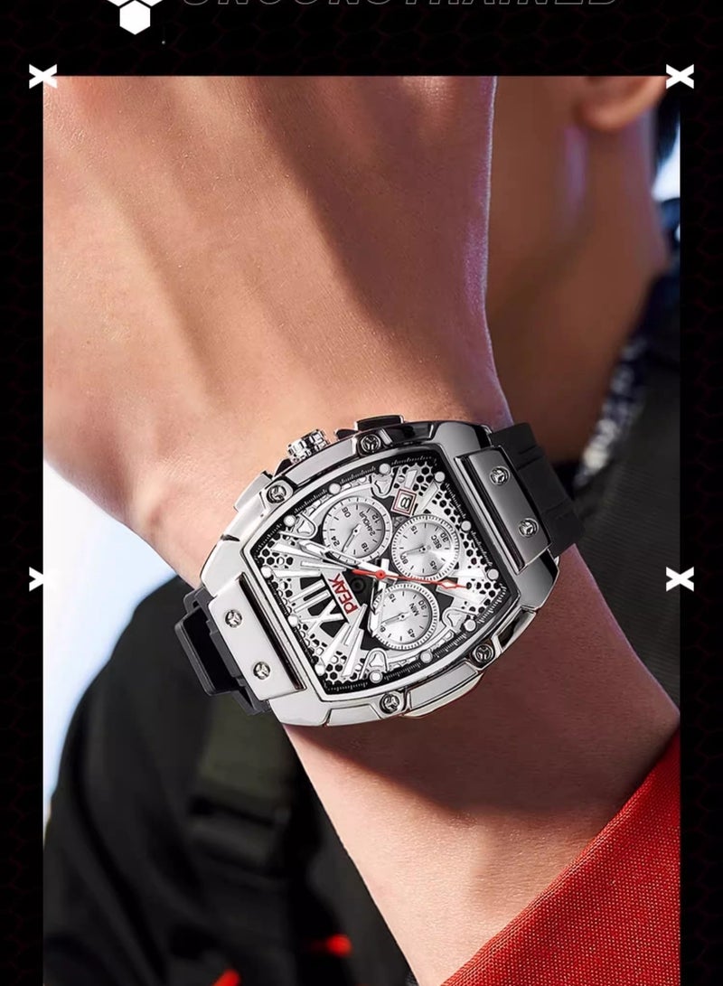 Men's Wine Barrel Shaped Large Dial Mechanical Movement Waterproof Black Technology Watch