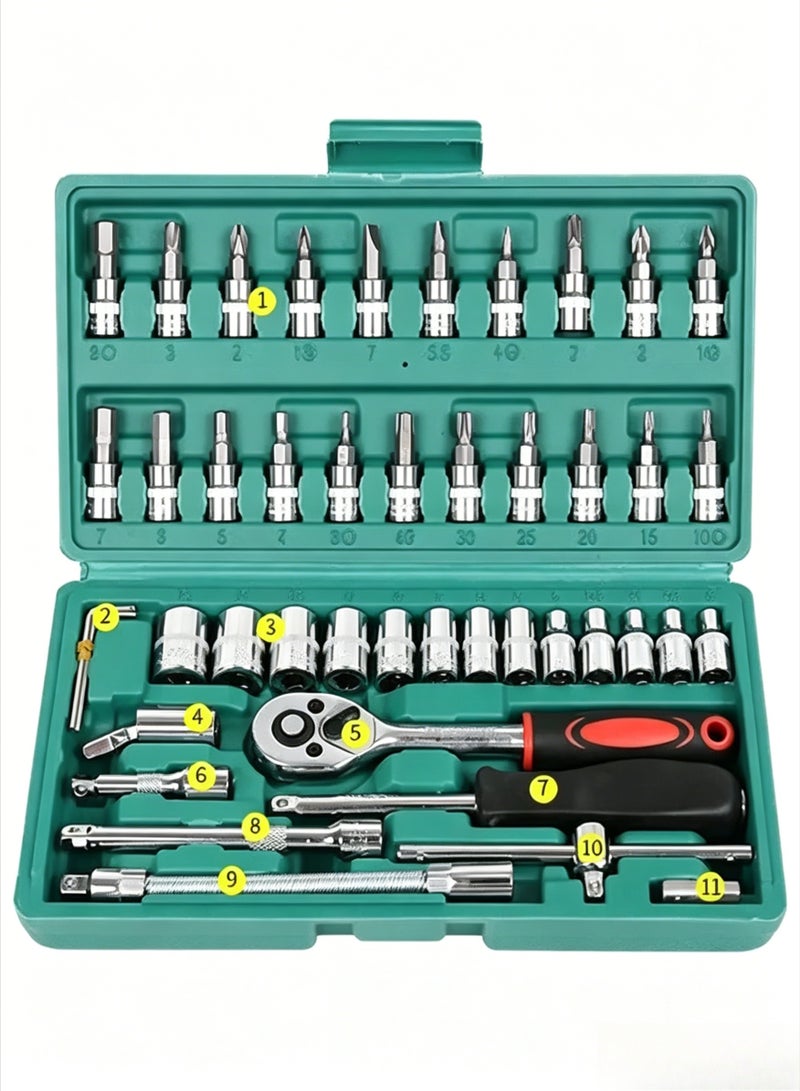AETHER 46 Pieces 1/4 Inch Drive Socket Ratchet Wrench Set, with Reversible Ratchet, with Bit Socket Set Metric and Extension Bar for Auto Repairing and Household - Image 1
