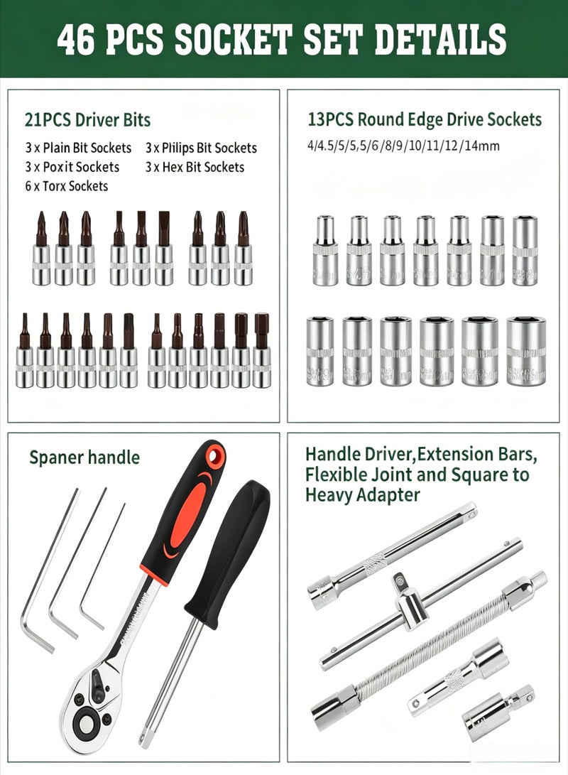 AETHER 46 Pieces 1/4 Inch Drive Socket Ratchet Wrench Set, with Reversible Ratchet, with Bit Socket Set Metric and Extension Bar for Auto Repairing and Household - Image 2