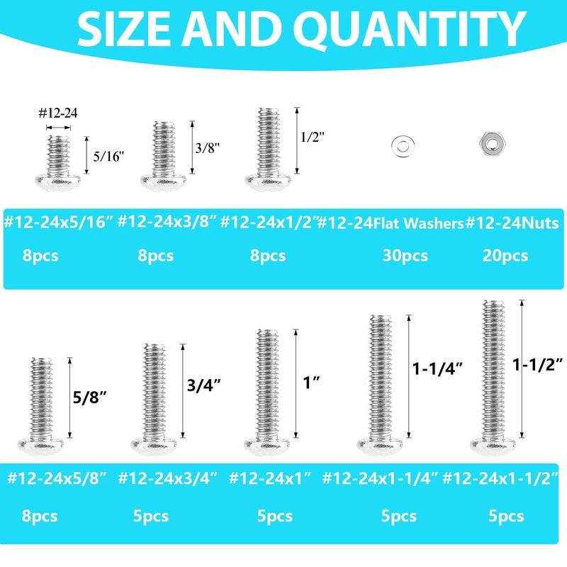 SpzcdZa 102 Pieces #12-24 Phillips Pan Head Machine Screws Nuts Washers Assortment Kit, Coarse Thread, Fully Machine Threaded, 304 Stainless Steel - Image 2