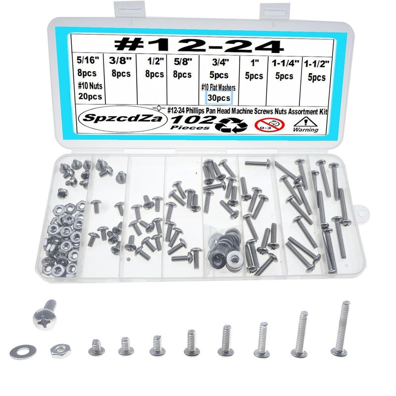 SpzcdZa 102 Pieces #12-24 Phillips Pan Head Machine Screws Nuts Washers Assortment Kit, Coarse Thread, Fully Machine Threaded, 304 Stainless Steel - Image 1