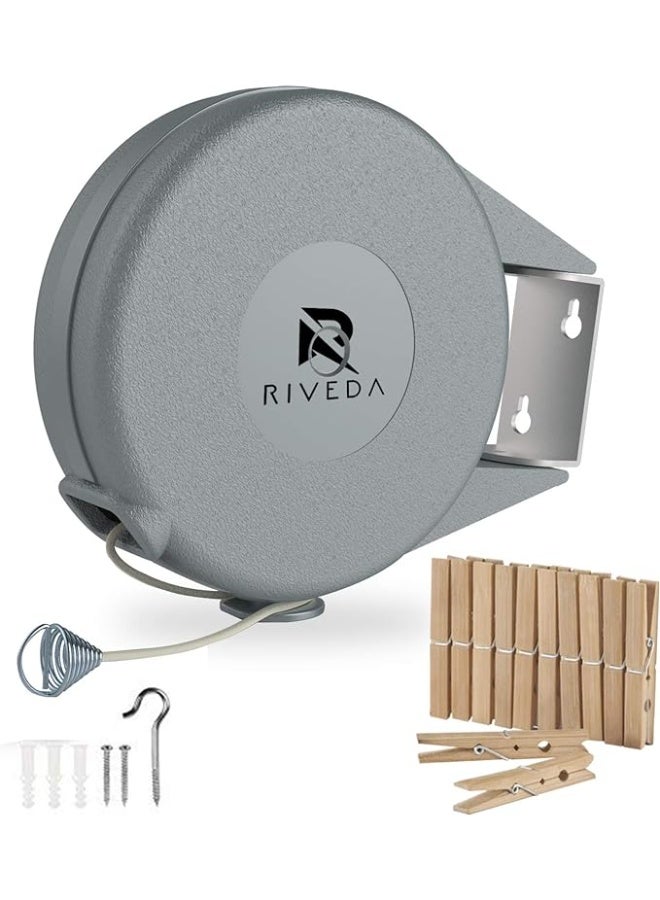 حبل غسيل قابل للسحب - حبل غسيل محمول وقوي للاستخدام داخل وخارج المنزل، بطول 45 قدمًا من PVC مع تركيب جداري سهل (رمادي) - Image 5