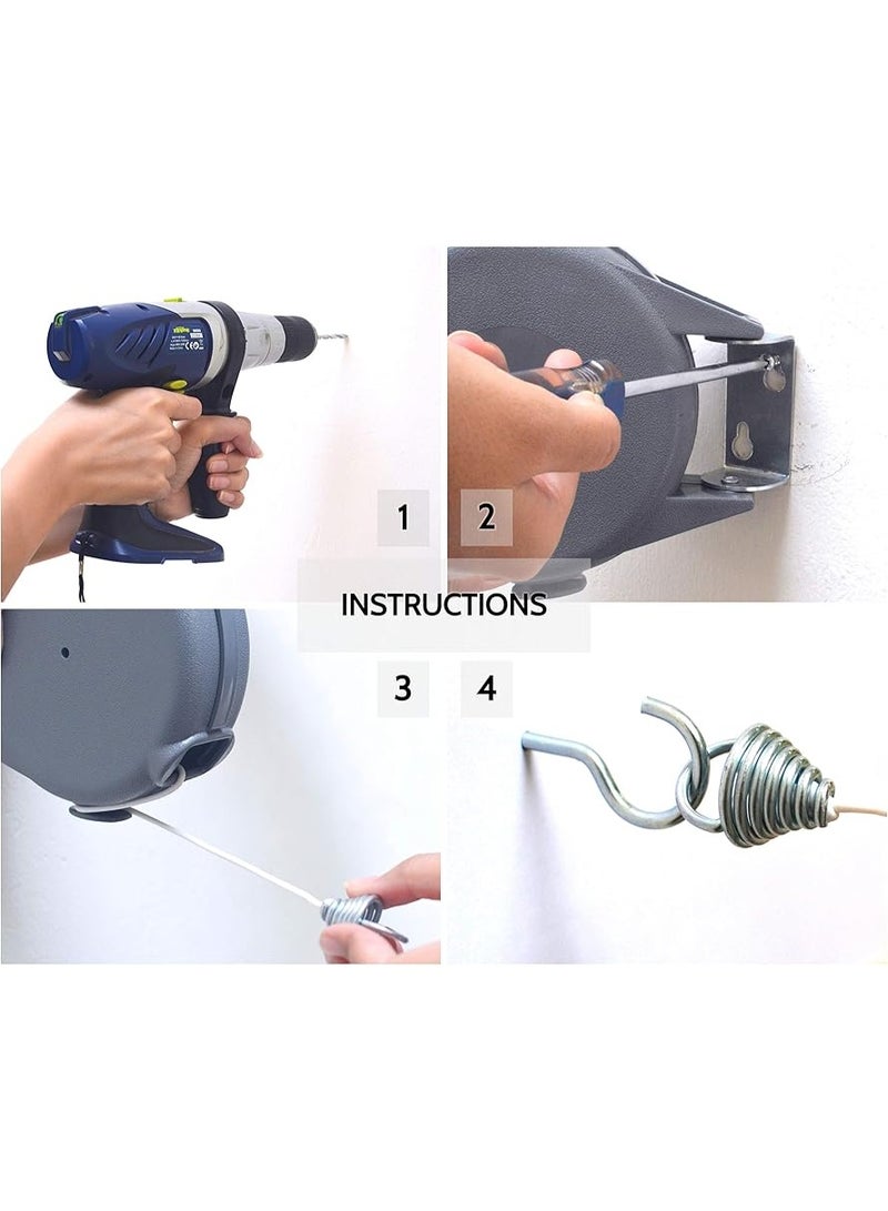 حبل غسيل قابل للسحب - حبل غسيل محمول وقوي للاستخدام داخل وخارج المنزل، بطول 45 قدمًا من PVC مع تركيب جداري سهل (رمادي) - Image 2