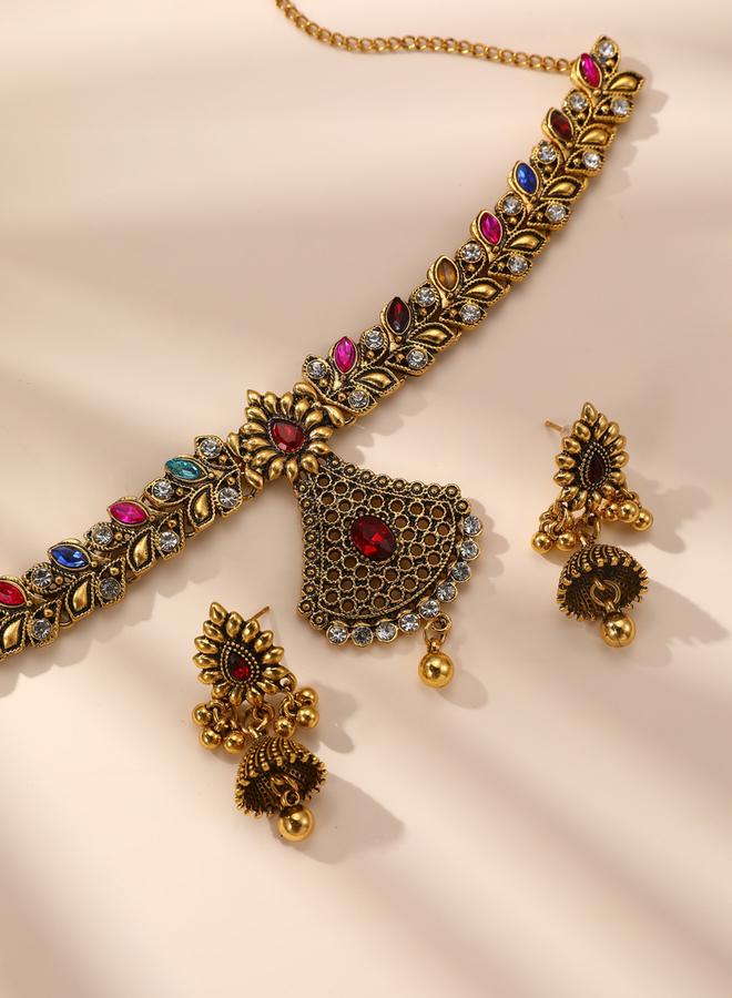 Take Two Embellished Leaf Fan Shaped Drop Necklace and Earrings Jewelry Set - Image 2