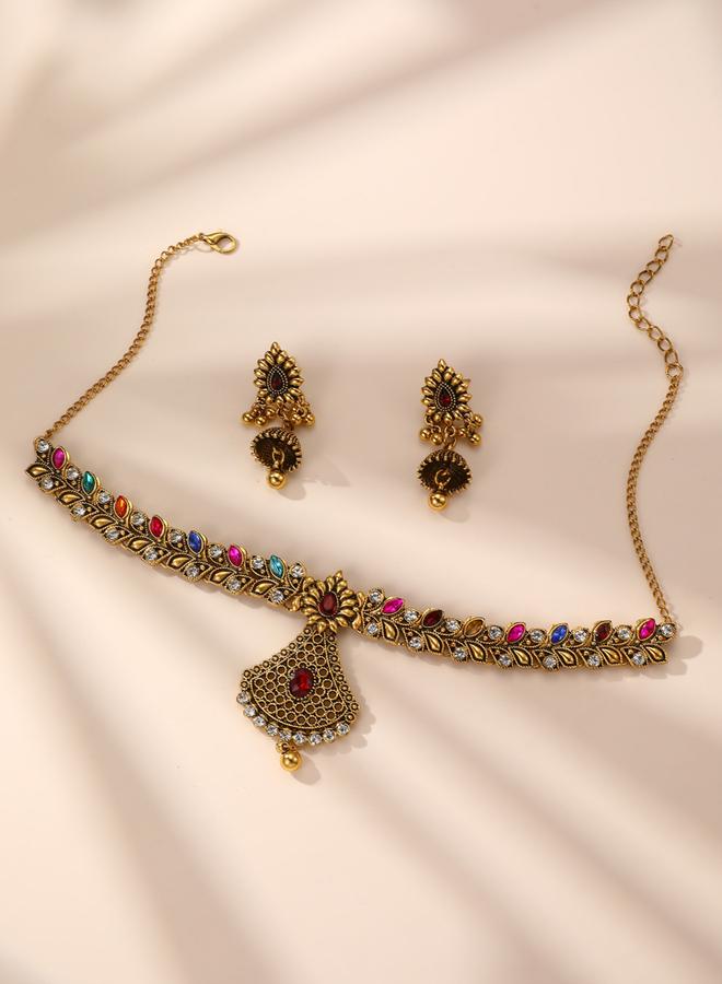 Take Two Embellished Leaf Fan Shaped Drop Necklace and Earrings Jewelry Set - Image 4