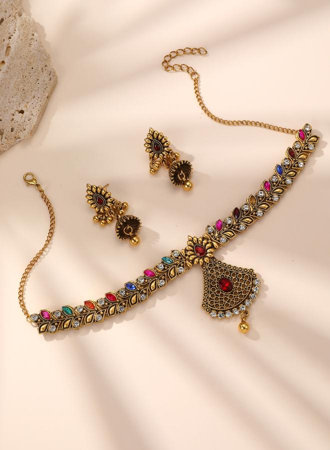 Take Two Embellished Leaf Fan Shaped Drop Necklace and Earrings Jewelry Set - Image 1