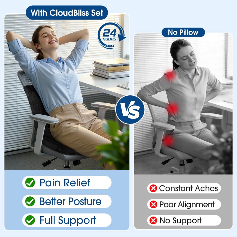 CloudBliss Lumbar Support Pillow & Seat Cushion Set for Office Chair, Desk Chair, Wheelchair & Car â€“ Memory Foam Back Support, Ergonomic Chair Cushions, Sciatica Pain Relief, Home Essentials, Black - Image 4