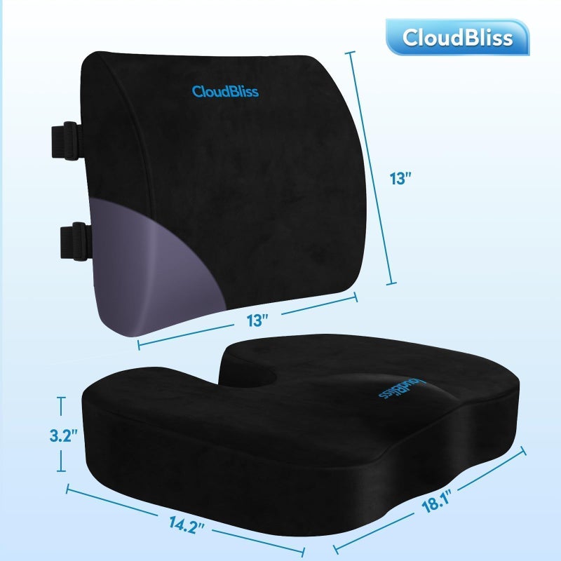 CloudBliss Lumbar Support Pillow & Seat Cushion Set for Office Chair, Desk Chair, Wheelchair & Car â€“ Memory Foam Back Support, Ergonomic Chair Cushions, Sciatica Pain Relief, Home Essentials, Black - Image 2
