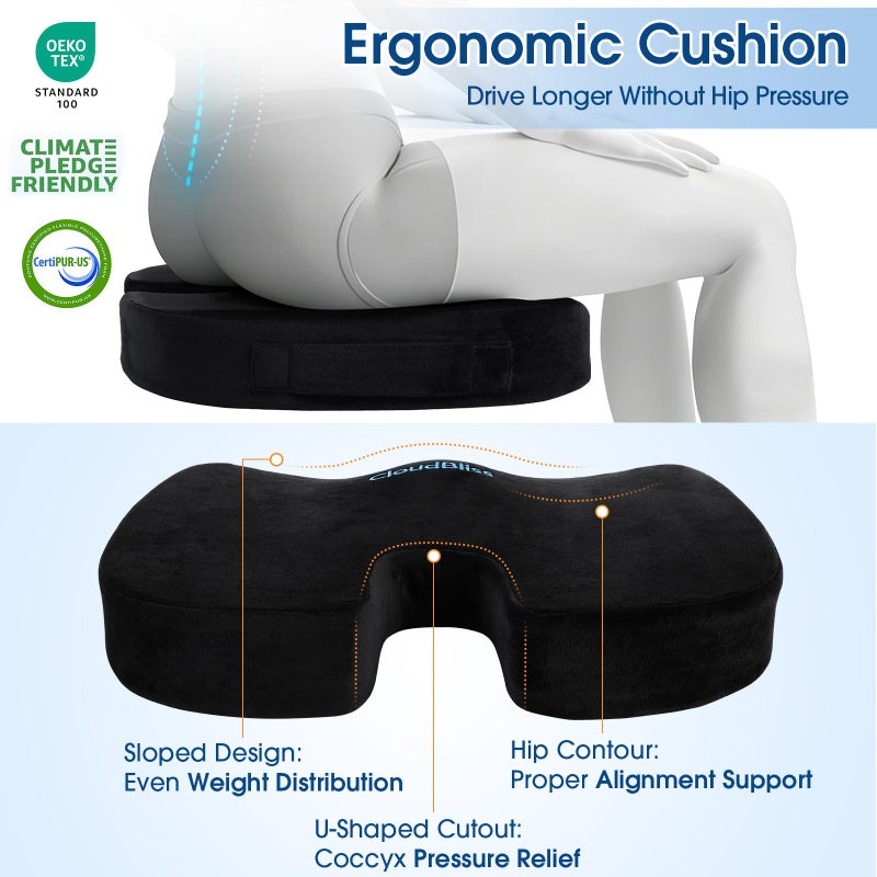CloudBliss Lumbar Support Pillow & Seat Cushion Set for Office Chair, Desk Chair, Wheelchair & Car â€“ Memory Foam Back Support, Ergonomic Chair Cushions, Sciatica Pain Relief, Home Essentials, Black - Image 5